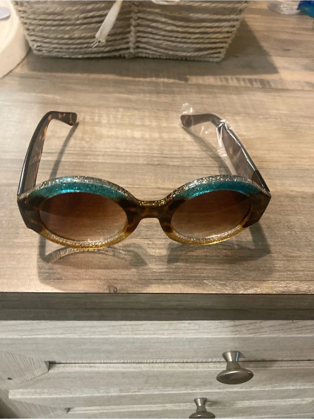 Tortoiseshell Round Sunglasses with Teal & Gold Glitter Accents